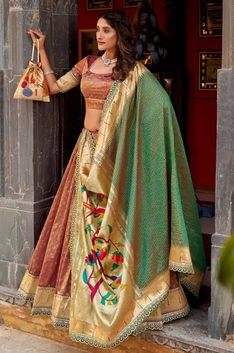 BROWN Women's Simmer Organza Lehenga Choli with Zari Weaving Work, Paithani Jacquard Silk Dupatta