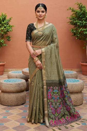 mehendi  soft pure muga cotton  saree with meenakari  weaving  motifs and contrast blouse