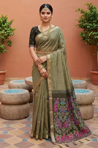 mehendi  soft pure muga cotton  saree with meenakari  weaving  motifs and contrast blouse