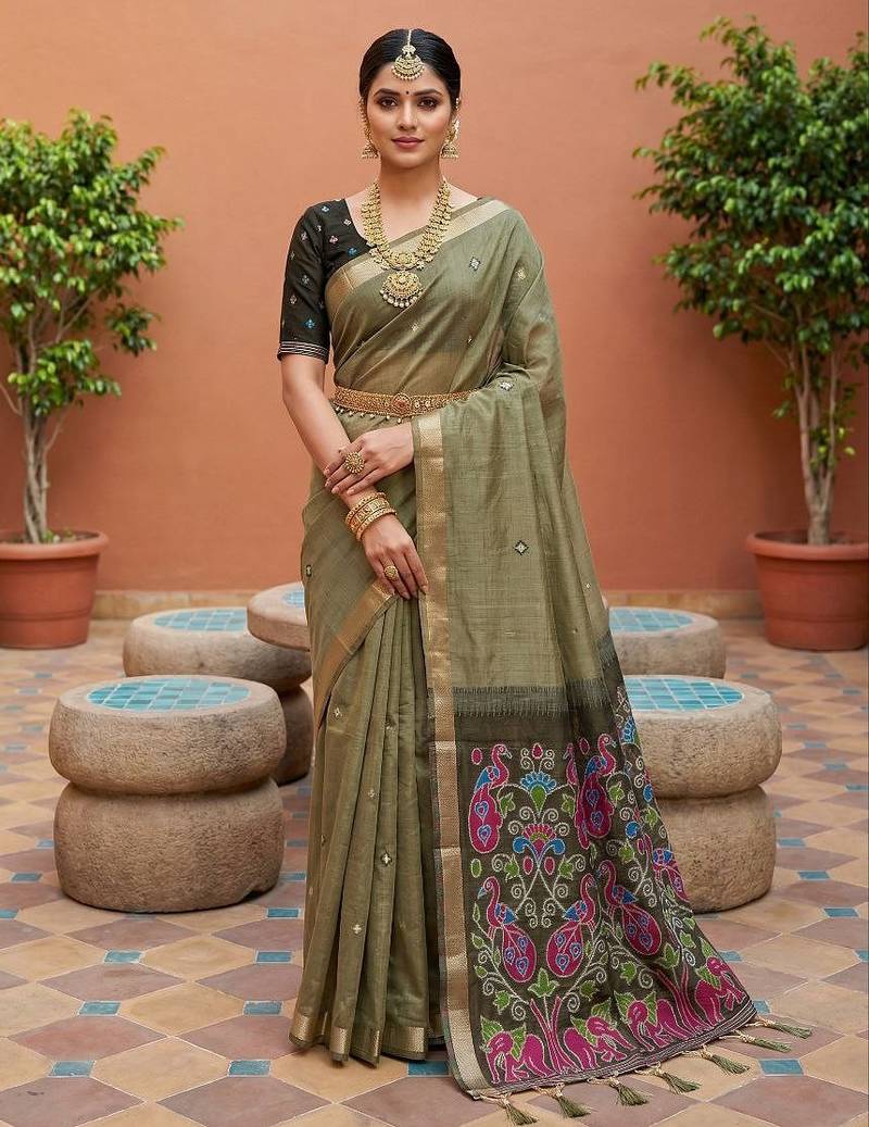 mehendi  soft pure muga cotton  saree with meenakari  weaving  motifs and contrast blouse