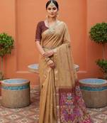 cream  soft pure muga cotton  saree with meenakari  weaving  motifs and contrast blouse