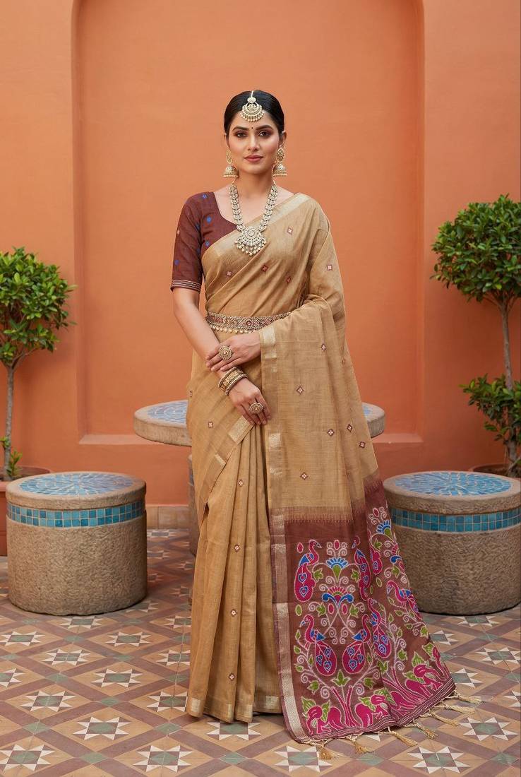 cream  soft pure muga cotton  saree with meenakari  weaving  motifs and contrast blouse