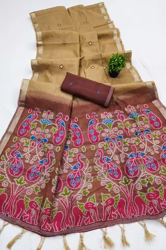 cream soft muga cotton saree with meenakari weaving motifs and contrast blouse