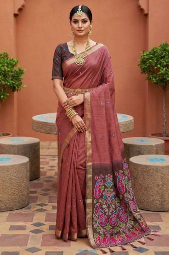 pink  soft pure muga cotton  saree with meenakari  weaving  motifs and contrast blouse