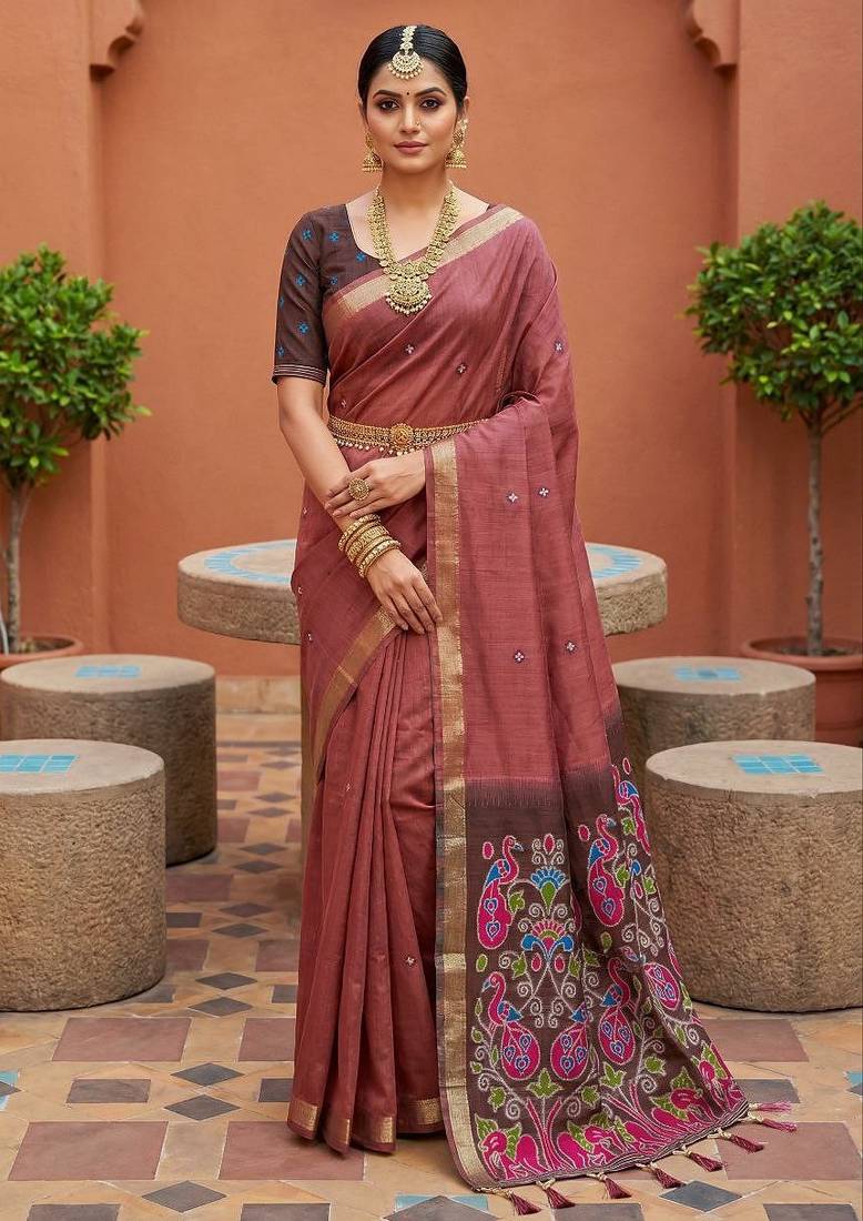 pink  soft pure muga cotton  saree with meenakari  weaving  motifs and contrast blouse