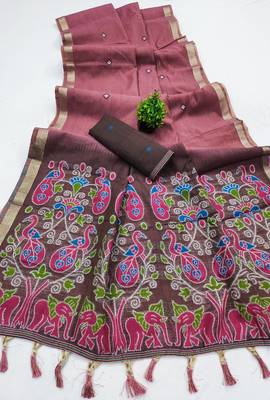 pink soft muga cotton saree with meenakari weaving motifs and contrast blouse 2