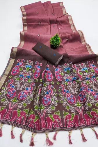 pink soft muga cotton saree with meenakari weaving motifs and contrast blouse