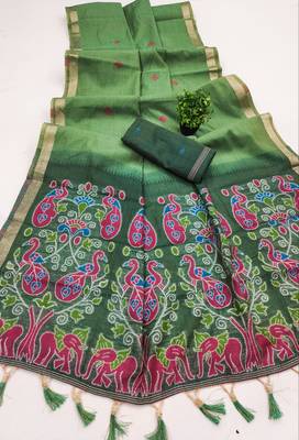 green soft muga cotton saree with meenakari weaving motifs and contrast blouse 2