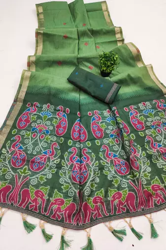 green soft muga cotton saree with meenakari weaving motifs and contrast blouse
