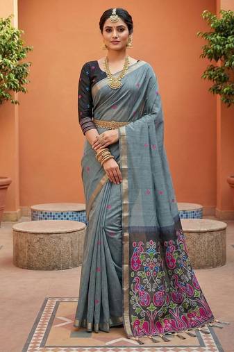 grey  soft pure muga cotton  saree with meenakari  weaving  motifs and contrast blouse