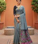 grey  soft pure muga cotton  saree with meenakari  weaving  motifs and contrast blouse