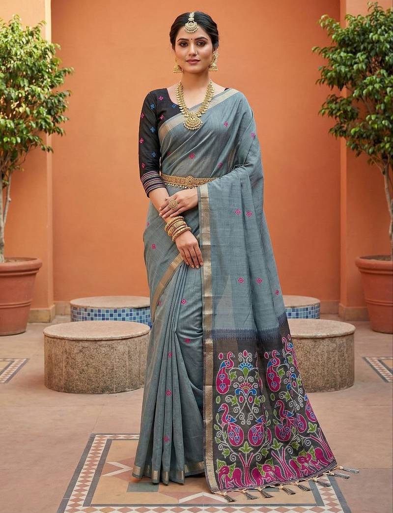 grey  soft pure muga cotton  saree with meenakari  weaving  motifs and contrast blouse