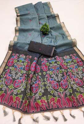 grey soft muga cotton saree with meenakari weaving motifs and contrast blouse 2