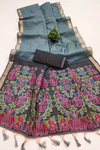 grey soft muga cotton saree with meenakari weaving motifs and contrast blouse