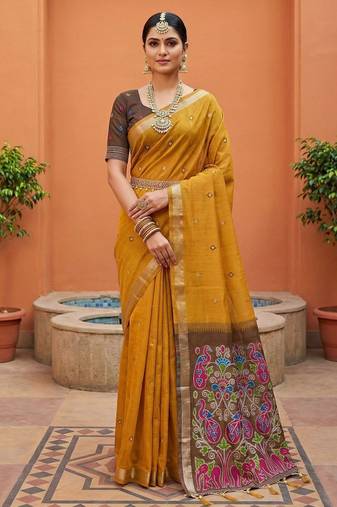 rust  soft pure muga cotton  saree with meenakari  weaving  motifs and contrast blouse