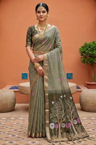 multi  soft pure muga cotton  saree with meenakari  weaving  motifs and contrast blouse