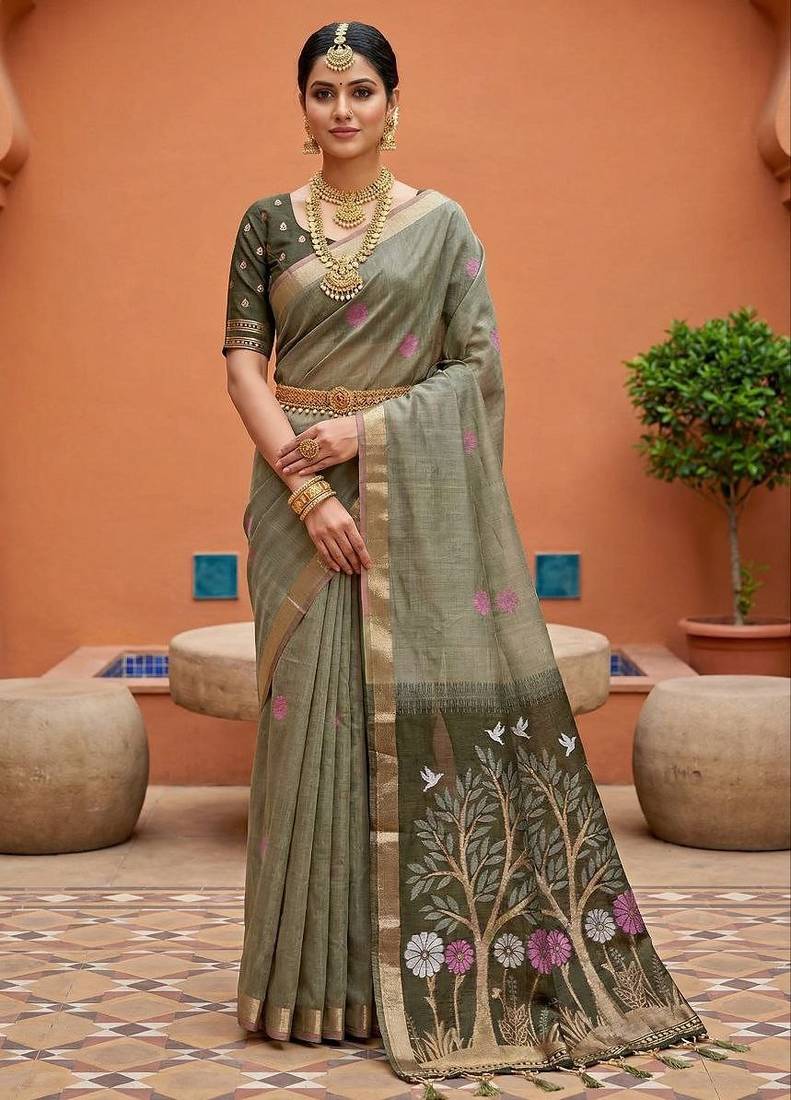 multi  soft pure muga cotton  saree with meenakari  weaving  motifs and contrast blouse