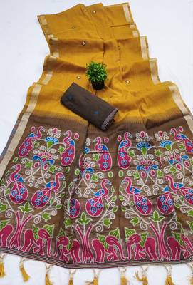 rust soft muga cotton saree with meenakari weaving motifs and contrast blouse 2