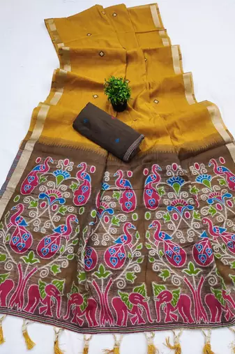 rust soft muga cotton saree with meenakari weaving motifs and contrast blouse