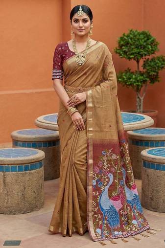 cream  soft pure muga cotton  saree with meenakari  weaving  motifs and contrast blouse