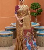 cream  soft pure muga cotton  saree with meenakari  weaving  motifs and contrast blouse