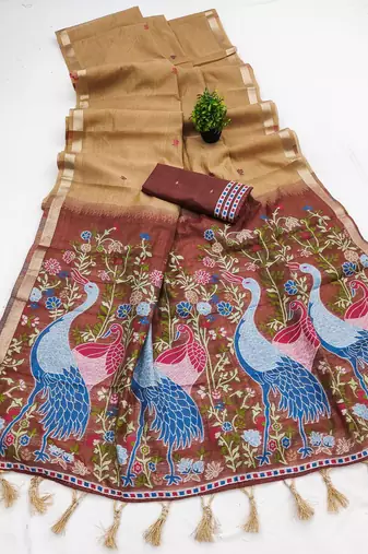 cream soft muga cotton saree with meenakari weaving motifs and contrast blouse