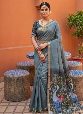 grey soft muga cotton saree with meenakari weaving motifs and contrast blouse 1