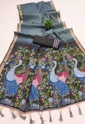 grey soft muga cotton saree with meenakari weaving motifs and contrast blouse 2