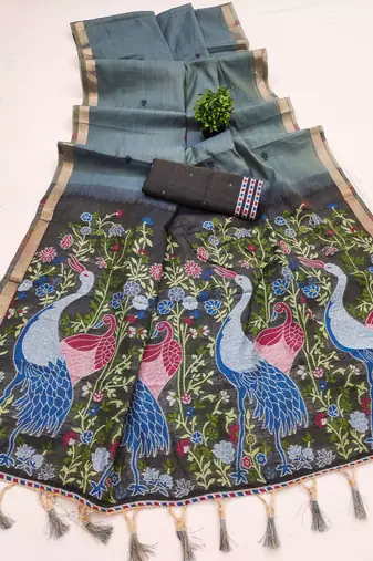grey soft muga cotton saree with meenakari weaving motifs and contrast blouse
