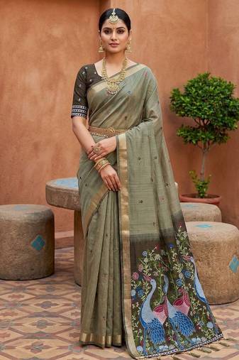 green  soft pure muga cotton  saree with meenakari  weaving  motifs and contrast blouse