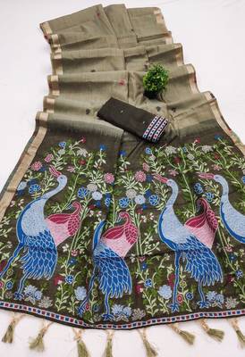 green soft muga cotton saree with meenakari weaving motifs and contrast blouse 2