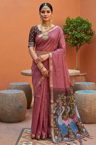 pink  soft pure muga cotton  saree with meenakari  weaving  motifs and contrast blouse