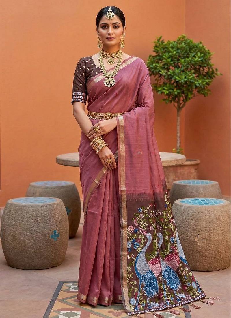 pink  soft pure muga cotton  saree with meenakari  weaving  motifs and contrast blouse