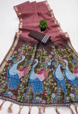 pink soft muga cotton saree with meenakari weaving motifs and contrast blouse 2