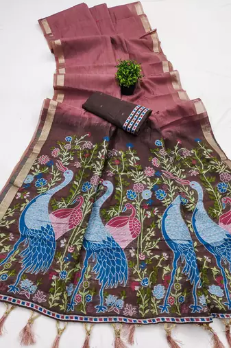 pink soft muga cotton saree with meenakari weaving motifs and contrast blouse