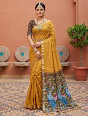 yellow soft muga cotton saree with meenakari weaving motifs and contrast blouse 1