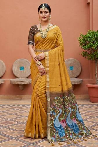 yellow  soft pure muga cotton  saree with meenakari  weaving  motifs and contrast blouse