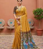 yellow  soft pure muga cotton  saree with meenakari  weaving  motifs and contrast blouse