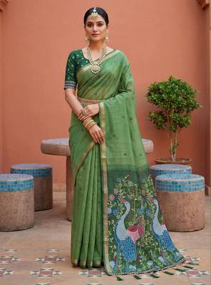 green soft muga cotton saree with meenakari weaving motifs and contrast blouse 1
