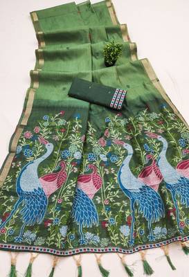 green soft muga cotton saree with meenakari weaving motifs and contrast blouse 2