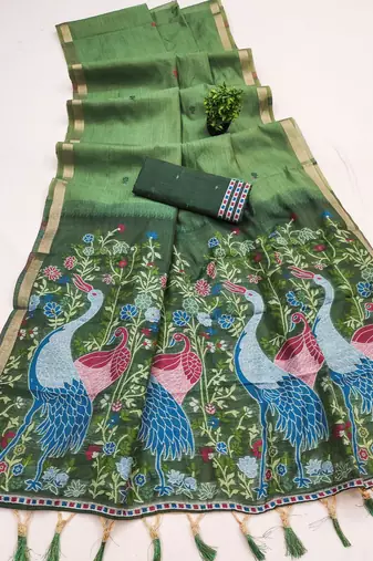 green soft muga cotton saree with meenakari weaving motifs and contrast blouse