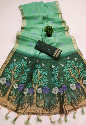 sea_green soft muga cotton saree with meenakari weaving motifs and contrast blouse 2