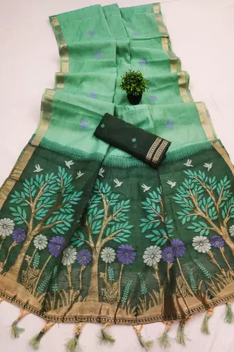 sea_green soft muga cotton saree with meenakari weaving motifs and contrast blouse