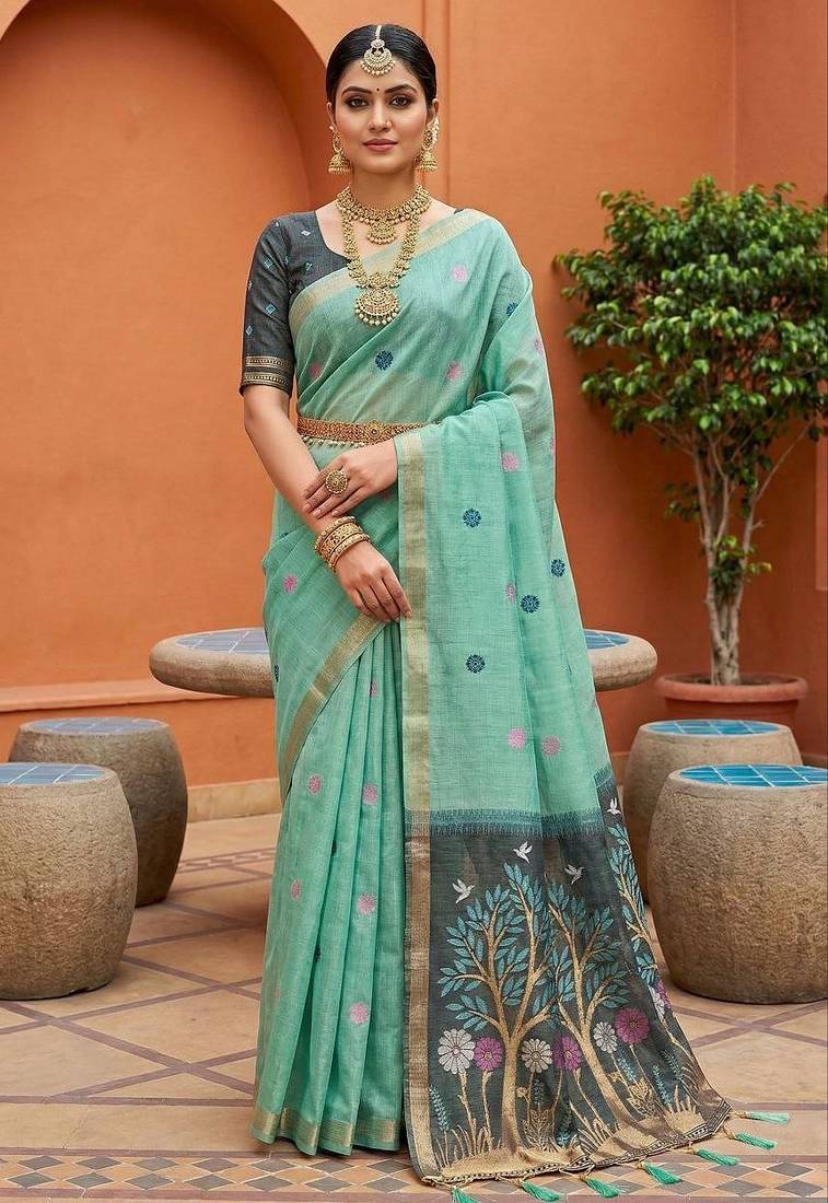 sky_blue  soft pure muga cotton  saree with meenakari  weaving  motifs and contrast blouse