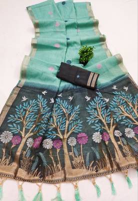 sky_blue soft muga cotton saree with meenakari weaving motifs and contrast blouse 2