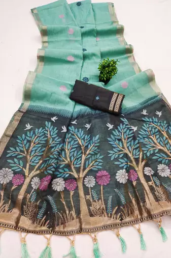 sky_blue soft muga cotton saree with meenakari weaving motifs and contrast blouse