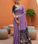 purple  soft pure muga cotton  saree with meenakari  weaving  motifs and contrast blouse