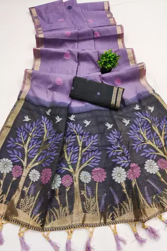 purple soft muga cotton saree with meenakari weaving motifs and contrast blouse