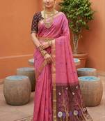 pink  soft pure muga cotton  saree with meenakari  weaving  motifs and contrast blouse