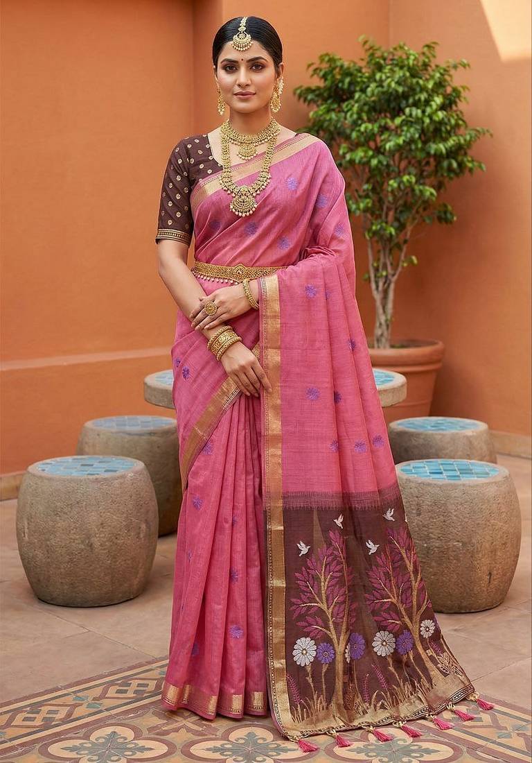 pink  soft pure muga cotton  saree with meenakari  weaving  motifs and contrast blouse